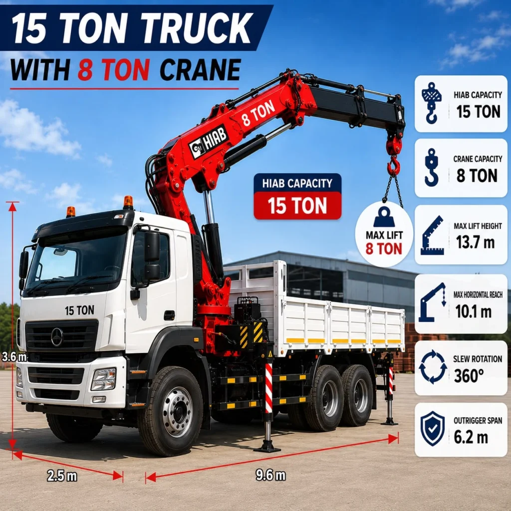 15 ton truck with 8 ton crane for rent